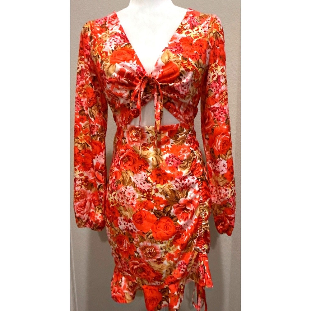 Floral Cutout Ruched Mini Dress Orange Red Long Sleeve Ruffle Hem Womens S NWOT